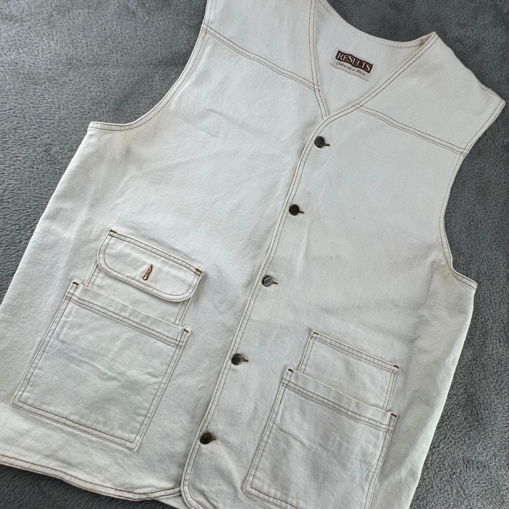 Results‎ Denim Utility Vest Mens XL Off-White Excellent Vintage Workwear 3755
